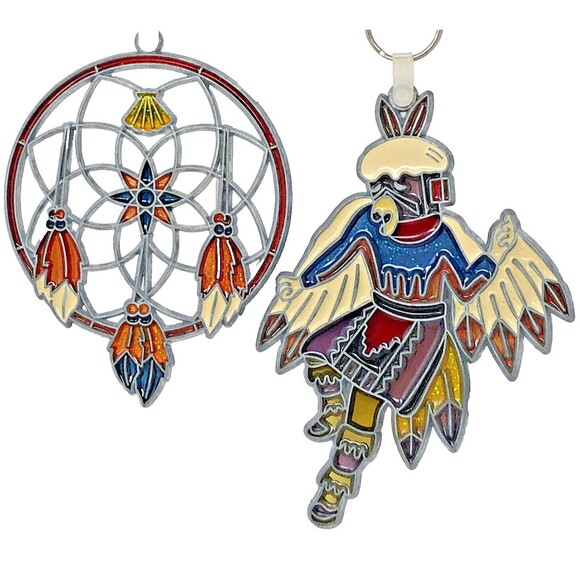 Suncatcher Kachina & Dream Catcher Native Acrylic Stained Glass VTG Set of 2 - Picture 1 of 11